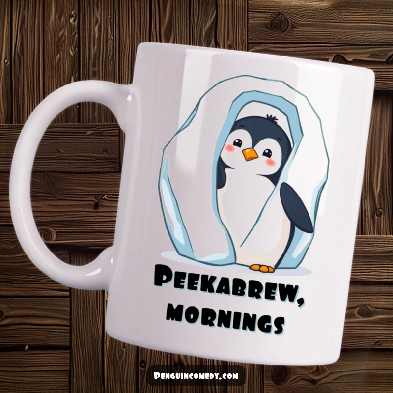Funny mug with a curious penguin peeking shyly from behind a massive, shimmering iceberg.