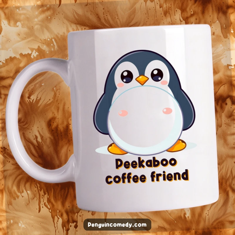 Funny mug featuring a wide-eyed penguin cautiously peeking from behind a large snowball, a humorous and shy design.