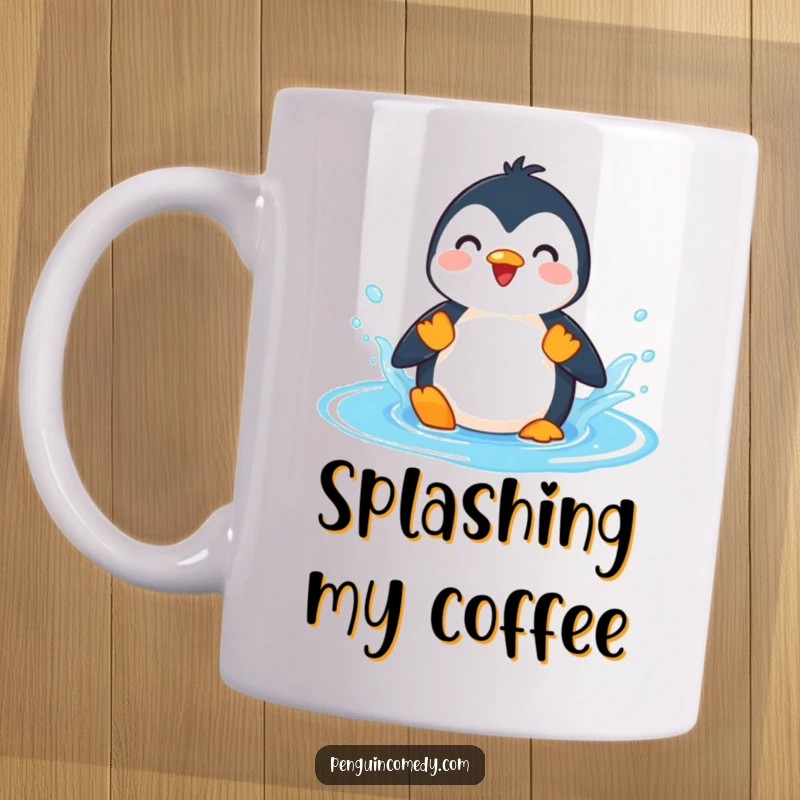Funny Penguin Splashing Puddle Mug, a playful penguin character joyfully splashing with both feet in a vibrant blue puddle, embodying carefree fun.