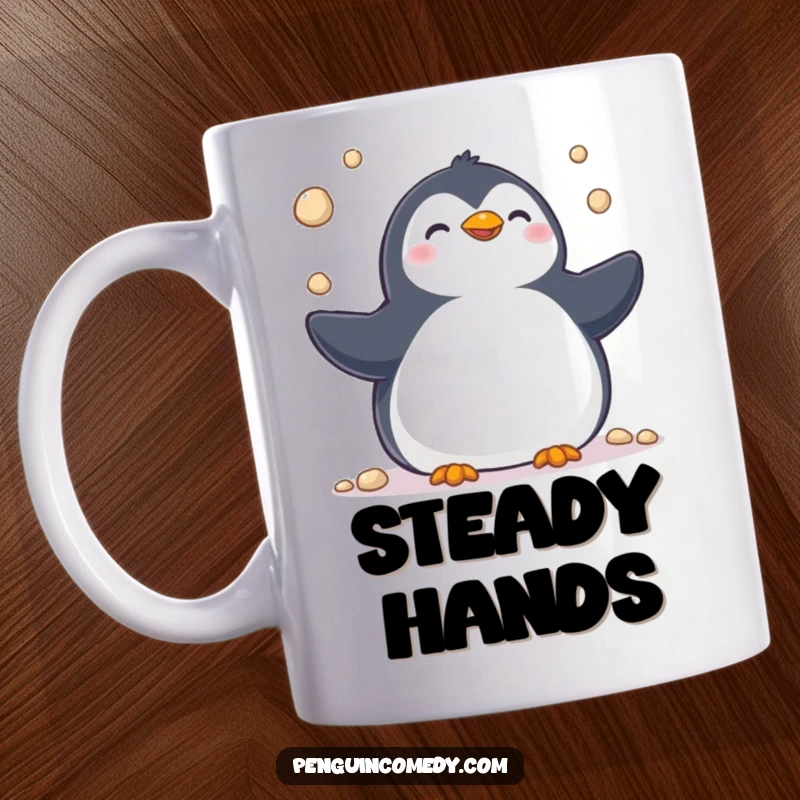 Funny mug depicting a happy penguin chirping and skillfully juggling small pebbles with its flippers, bringing playful charm.