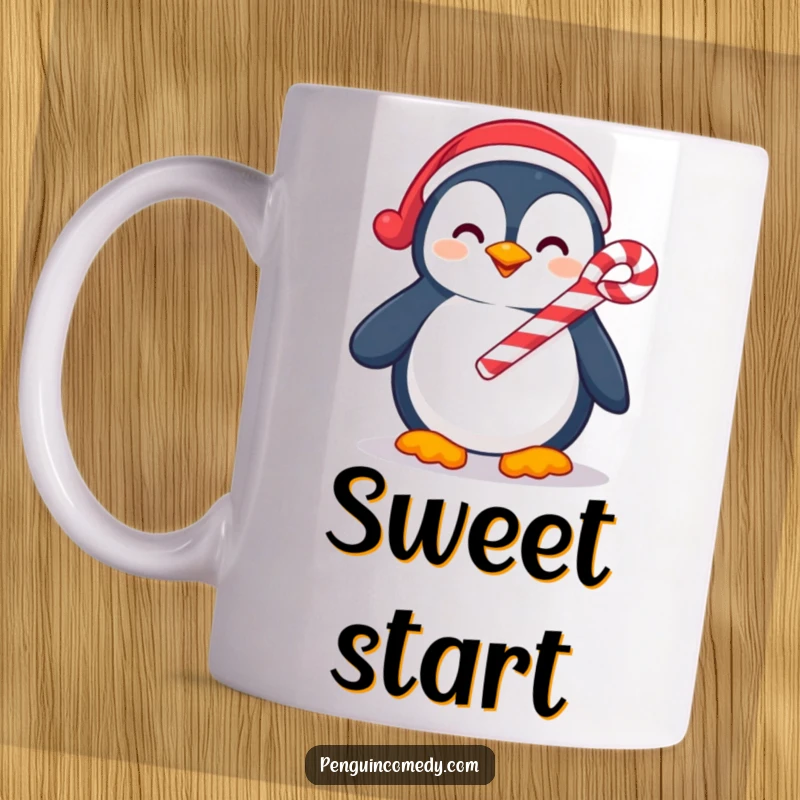 Funny mug depicting a happy penguin smiling sweetly while holding a festive red and white candy cane, embodying holiday spirit.