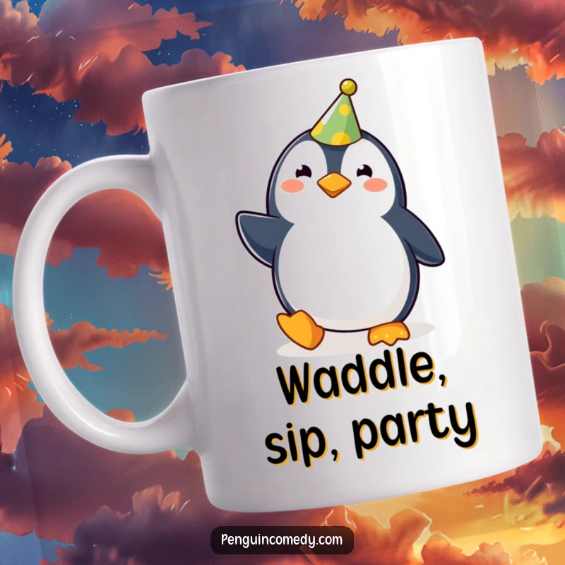 Funny cute penguin wearing a tiny party hat, waddling joyfully, perfect for a funny mug gift.