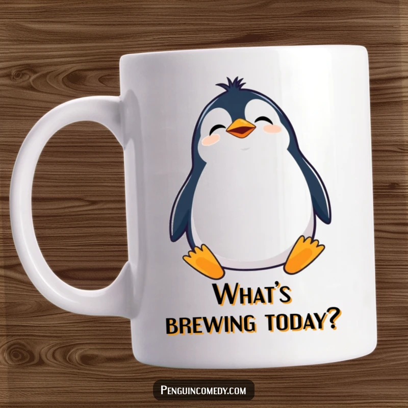 Funny mug featuring a giggling penguin with its head tilted, looking curiously upwards with pure amusement.