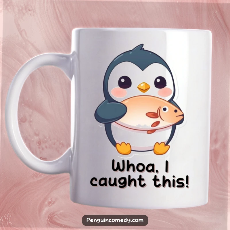 Funny mug featuring a wide-eyed penguin caught mid-surprise while clutching a fish, perfect for gift-givers.