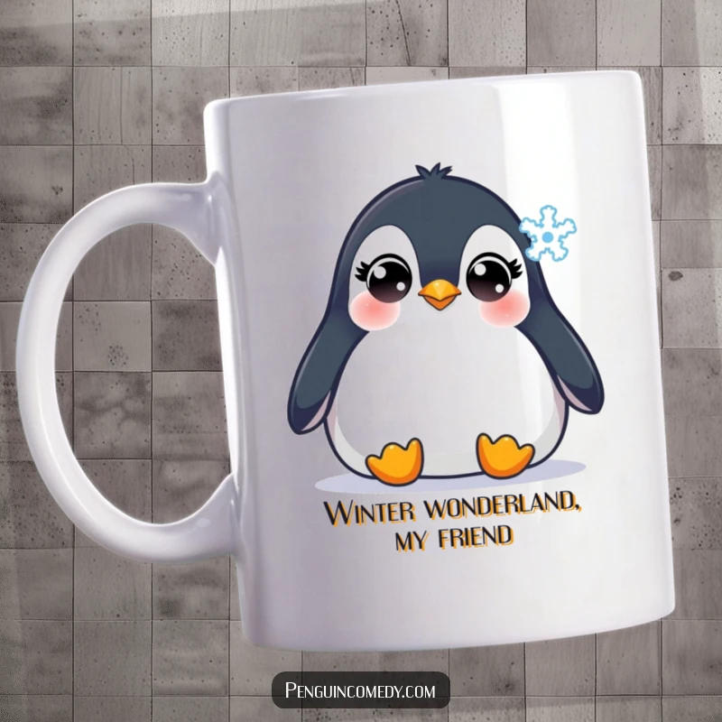 Funny Penguin Mug: Innocent-eyed penguin gazing with wonder at a single, delicate snowflake falling gently, capturing winter's magic.