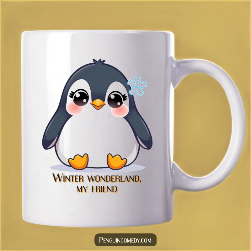 Funny Penguin Snowflake Mug: Adorable Innocent Eyes Watch Winter Magic, Perfect Gift!