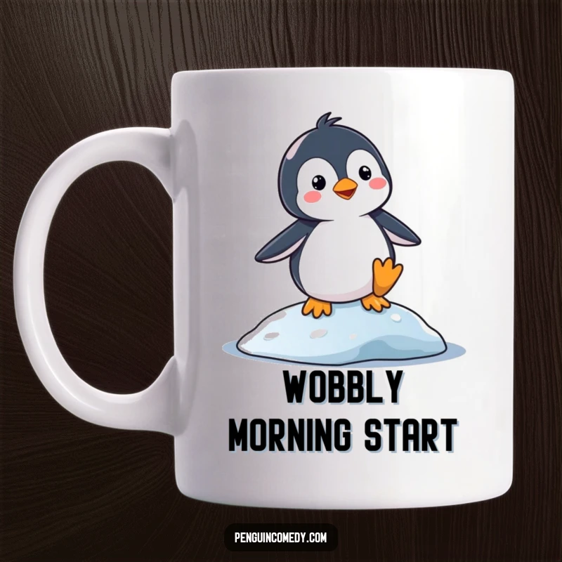 Funny Mug: A silly penguin balancing precariously on a slippery surface, looking like it might fall. Humorous gift for clumsy or playful people.