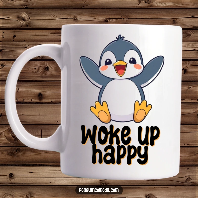 Funny Penguin Mug showing an excited penguin flapping its flippers, full of energy and joy.