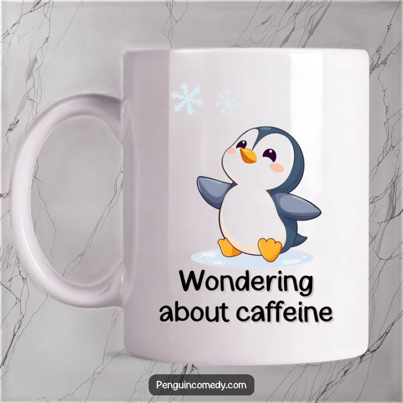 Funny Penguin Watching Snowflake Mug, a curious penguin character gazing upwards in awe at a delicate falling snowflake, capturing winter's enchantment.