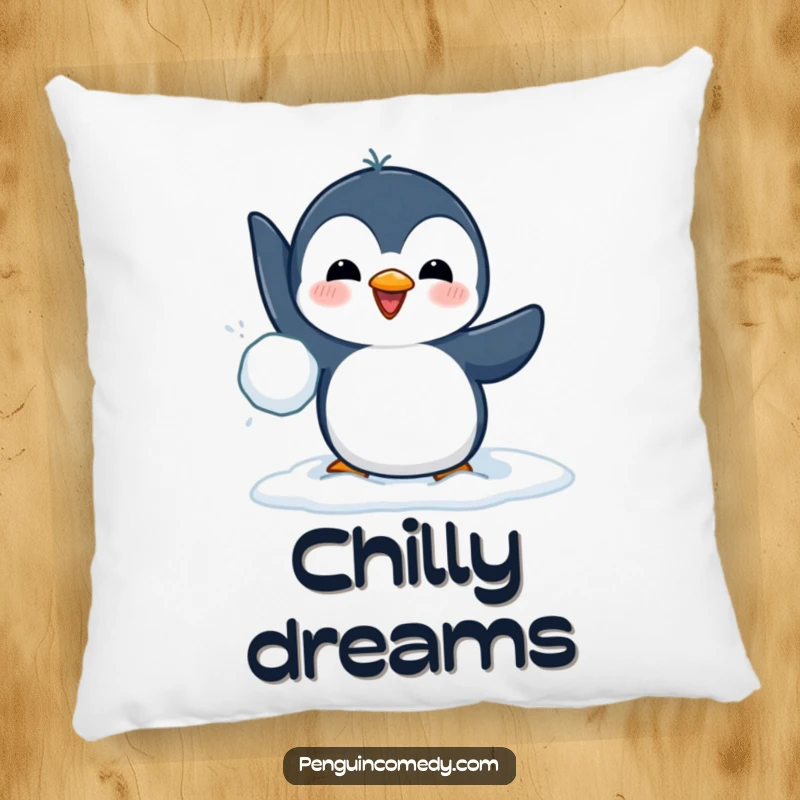 Funny pillow with a cute penguin throwing a snowball, offering a soft and humorous addition to any sofa or bed.