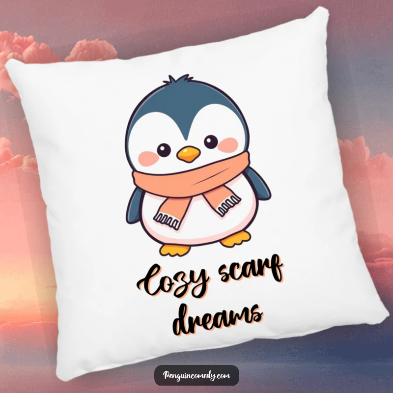 Funny penguin pillow with a smiling penguin wearing a tiny scarf, offering comfort and adorable winter charm.
