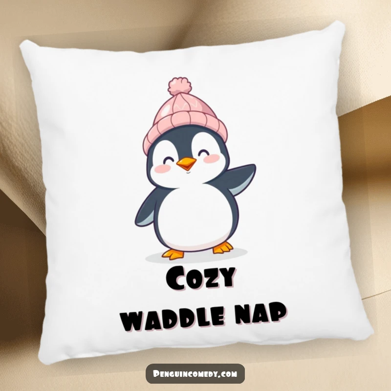 Funny Penguin Throw Pillow: A happy penguin in a hat waddles, bringing cozy arctic vibes, a soft and funny gift.