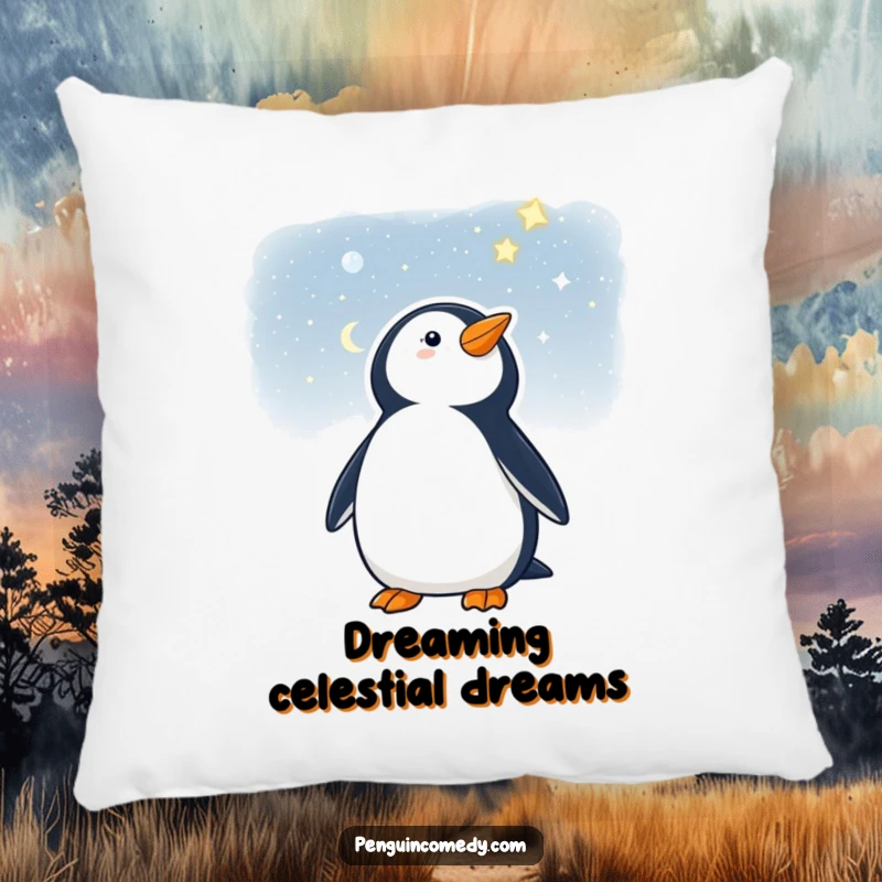 Funny pillow with a penguin looking up at a starry night, perfect for cozy, whimsical decor.
