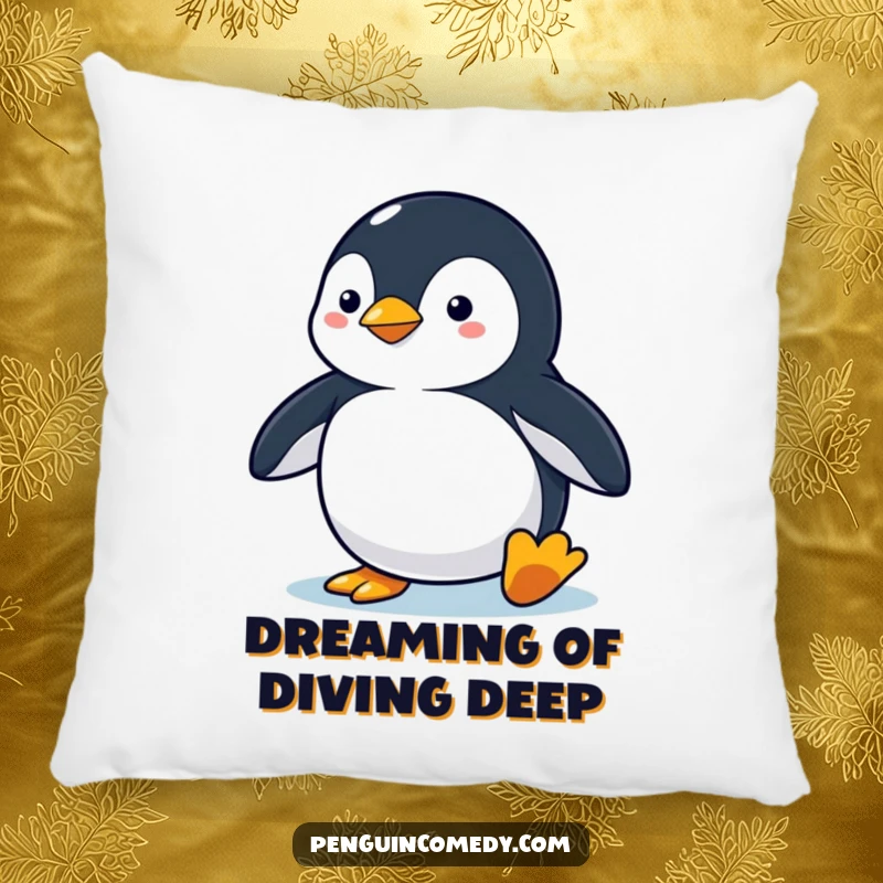 Funny penguin pillow featuring a penguin in an alert stance, ready to dive, offering soft comfort and hilarious motivation.