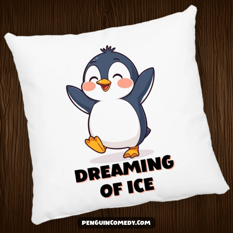 Funny penguin pillow depicting a happy bird dancing with its feet tapping, offering soft comfort and a cheerful presence.