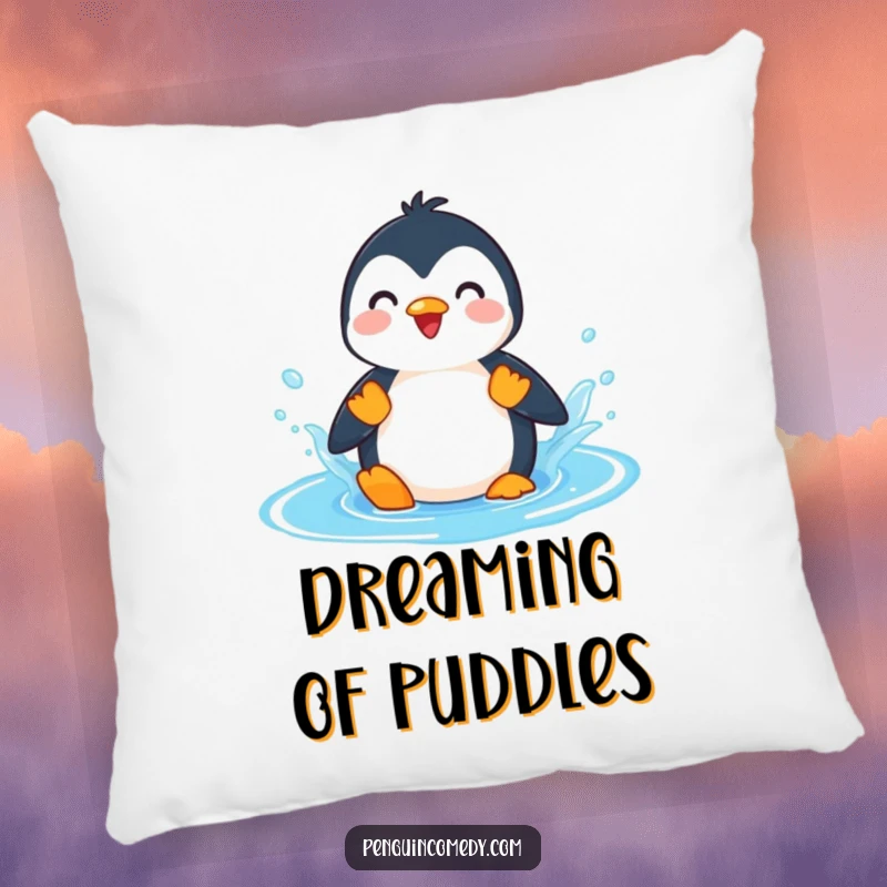 Funny Penguin Splashing Puddle Pillow, a soft cushion depicting a penguin splashing in a blue puddle, perfect for funny, playful decor.
