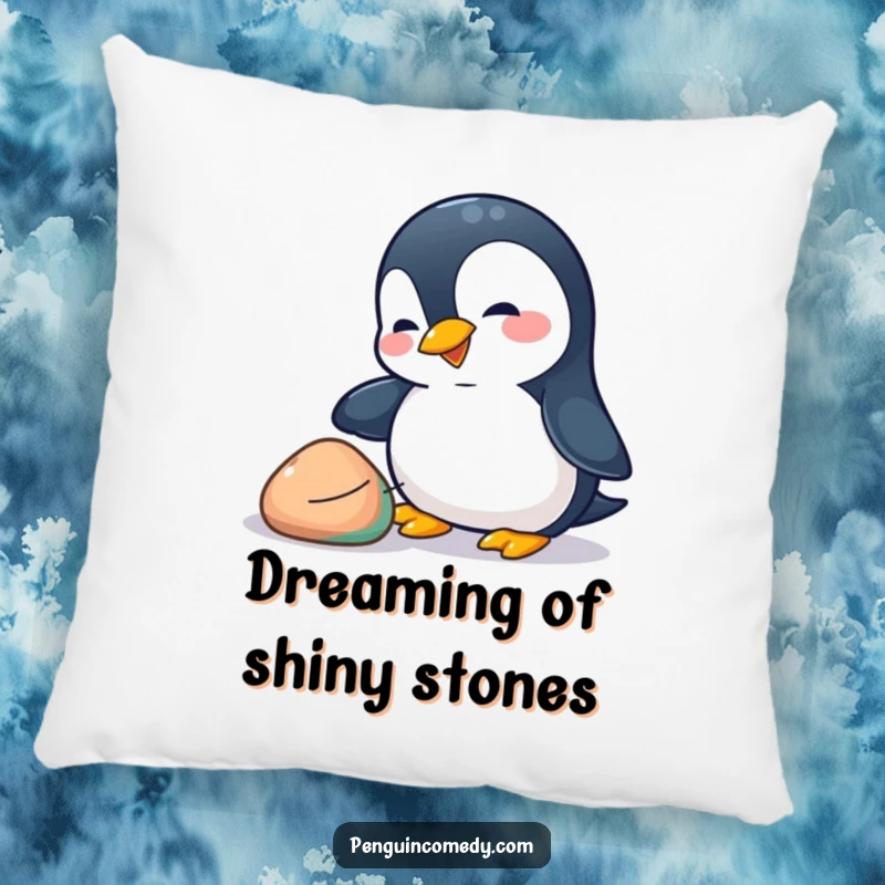 Funny penguin pillow featuring a playful penguin nudging a colorful pebble with its beak, offering soft comfort and charming animal humor.