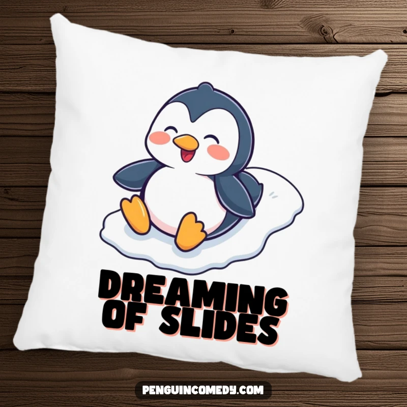 Funny Penguin Sliding Down Icy Hill Pillow, a soft and decorative pillow with a cheerful penguin character enjoying a playful slide on ice.