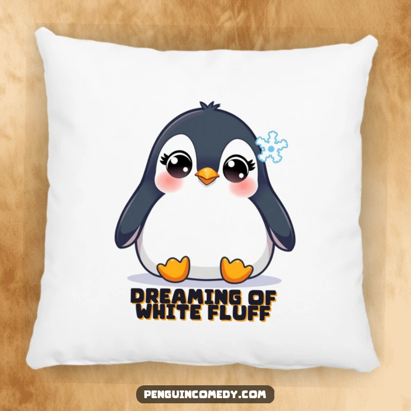 Funny Penguin Pillow: A plush pillow showcasing a sweet penguin with innocent eyes watching a snowflake fall, bringing cozy winter vibes.