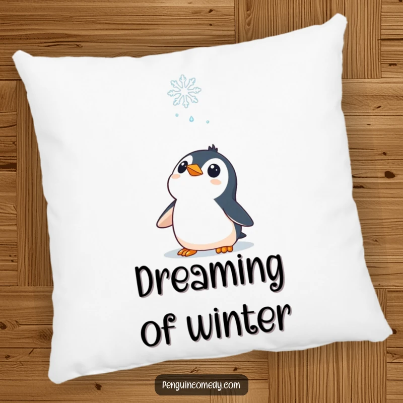 Funny Pillow: A curious penguin character looking up at a falling snowflake, perfect for cozy winter nights.