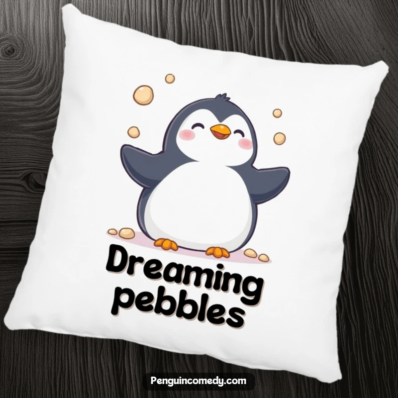 Funny pillow featuring a happy penguin juggling pebbles with a cheerful chirp, adding a touch of humorous skill to your decor.