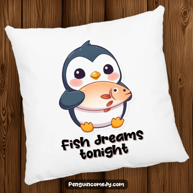 Funny pillow showcasing a surprised penguin clutching a fish, a soft and humorous decorative item for any space.