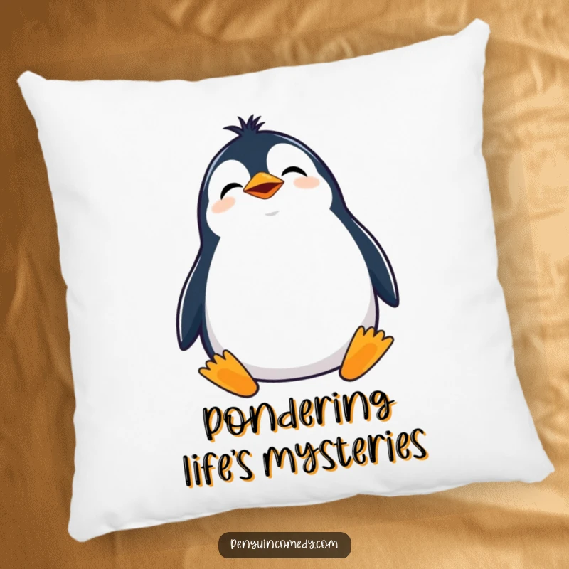 Funny pillow featuring a giggling penguin with its head tilted, looking curiously upwards, bringing cozy charm.