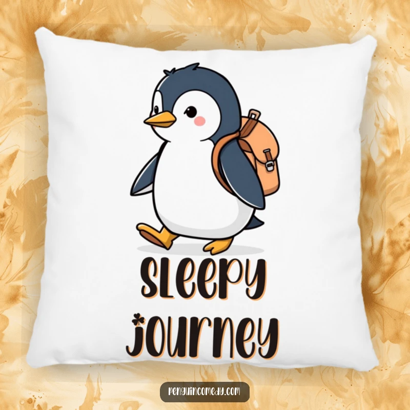 Funny pillow featuring a penguin with a tiny backpack, marching with determination, adding a touch of humorous adventure to your couch.