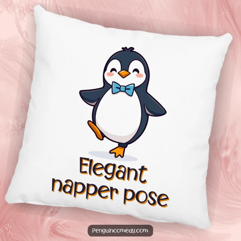 Funny pillow featuring a distinguished penguin wearing a bow tie, balancing with style, soft and humorous decor.