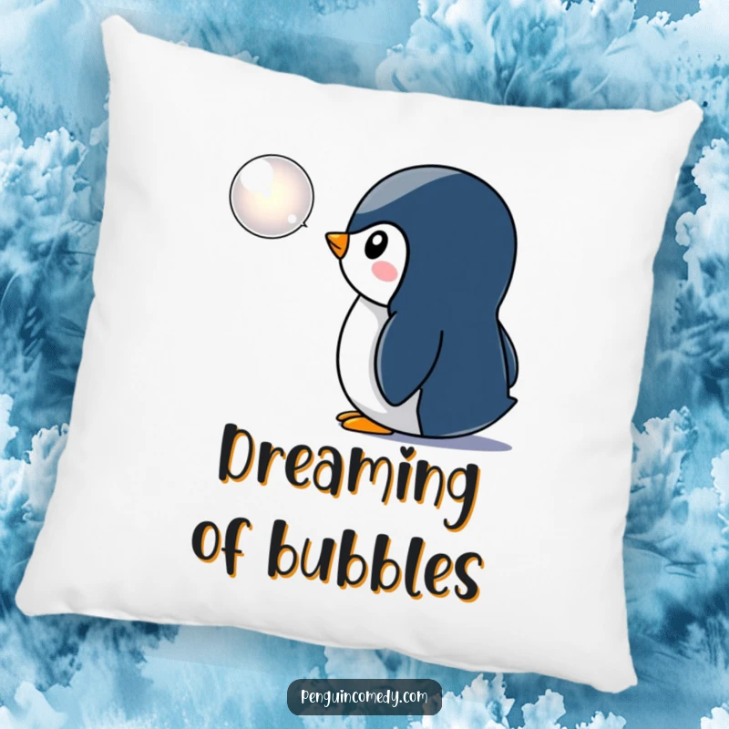 Funny penguin pillow, with a curious penguin observing a glowing bubble icon, adding a touch of whimsical and humorous comfort to any space.