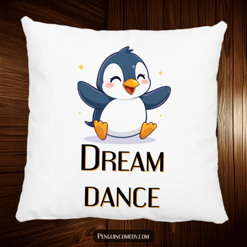Funny pillow featuring a penguin dancing with pure glee, adding a touch of humorous rhythm and fun to your decor.