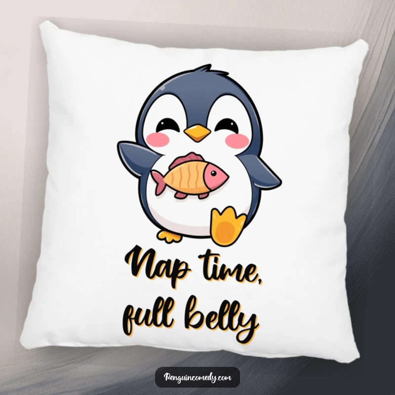 Funny pillow featuring a delighted penguin proudly holding a fish icon, adding cozy charm to any room.