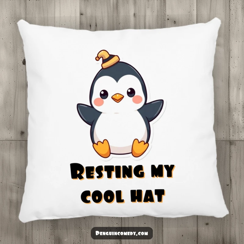 Funny pillow featuring a penguin wearing a tiny hat, tipping it with a flourish, adding cozy elegance.
