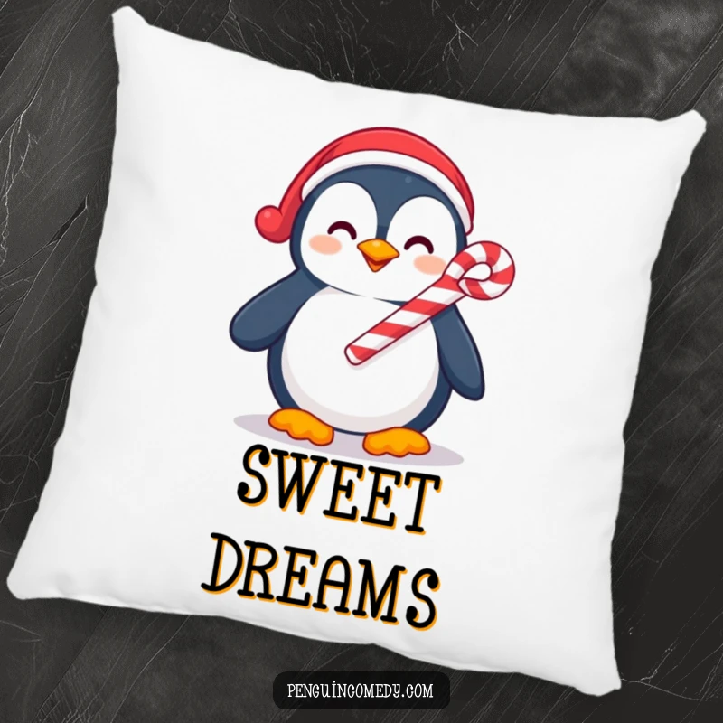 Funny pillow featuring a smiling penguin holding a candy cane, adding a touch of humorous holiday spirit to your decor.