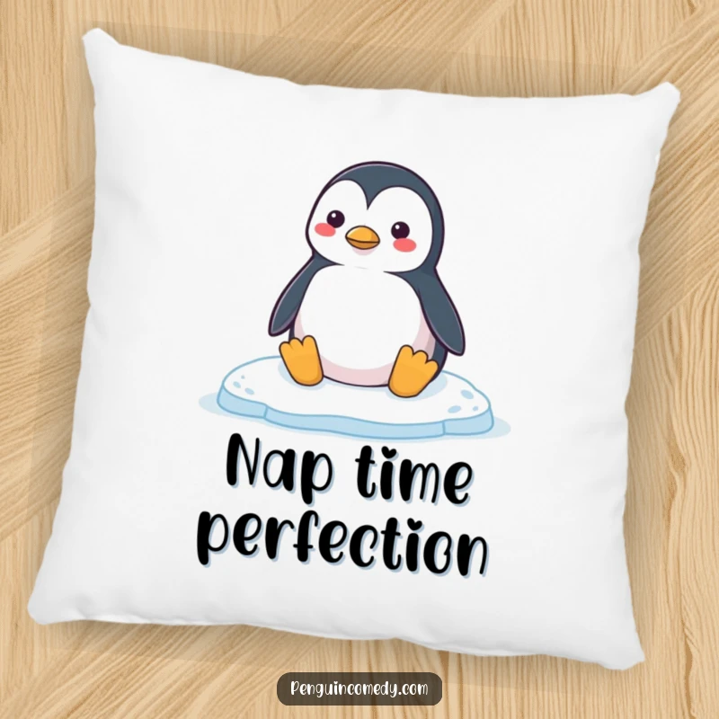 Funny Penguin Pillow: A plush pillow depicting a content penguin honking happily as it rests on a smooth ice floe, offering comfort and cuteness.