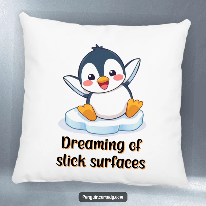 Funny pillow showcasing a happy penguin comically sliding headfirst on ice, adding a touch of playful decor.