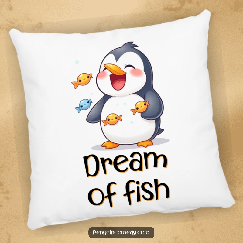 Funny pillow showing a grinning penguin expertly juggling several small, shiny fish, adding a touch of humor.