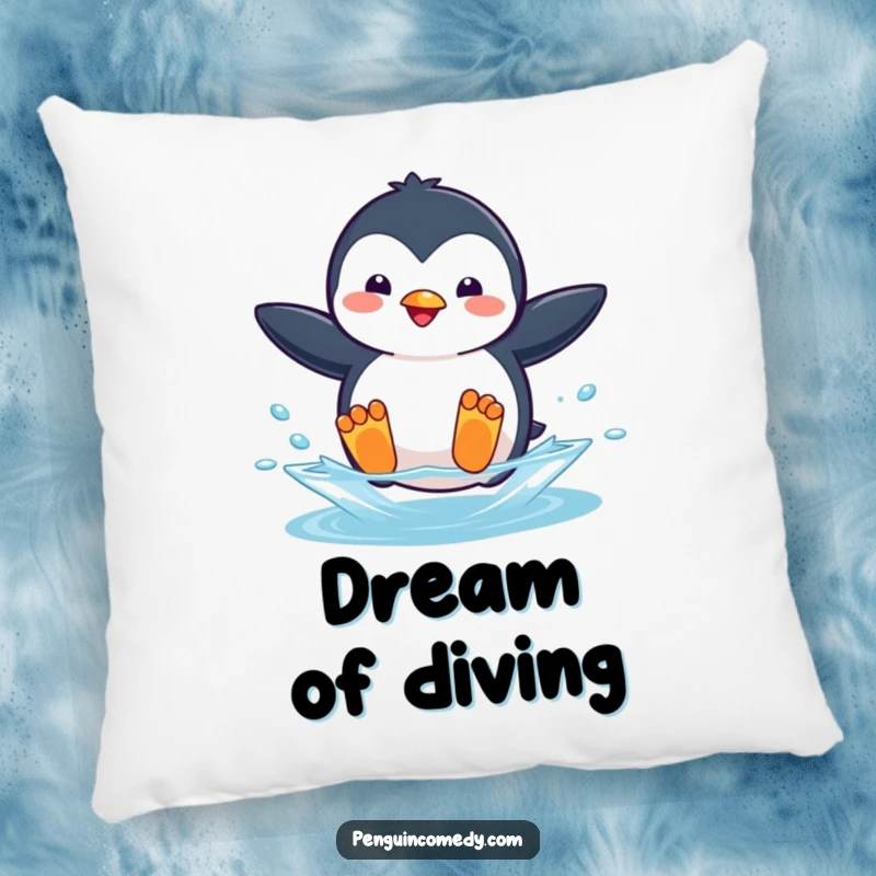 Funny pillow showing a playful penguin captured mid-jump, flippers outstretched, as it plunges into water.
