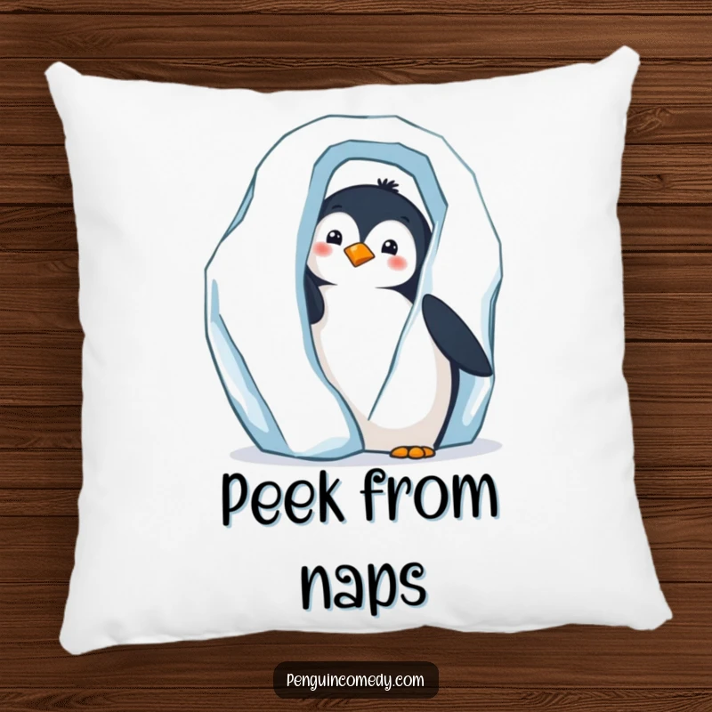 Funny pillow showing a curious penguin peeking from behind a large iceberg, adding a soft, humorous touch.