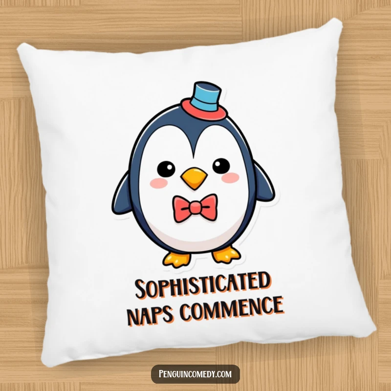 Funny penguin sporting a top hat and bowtie, designed as a plush accent pillow for comfortable, humorous decor.