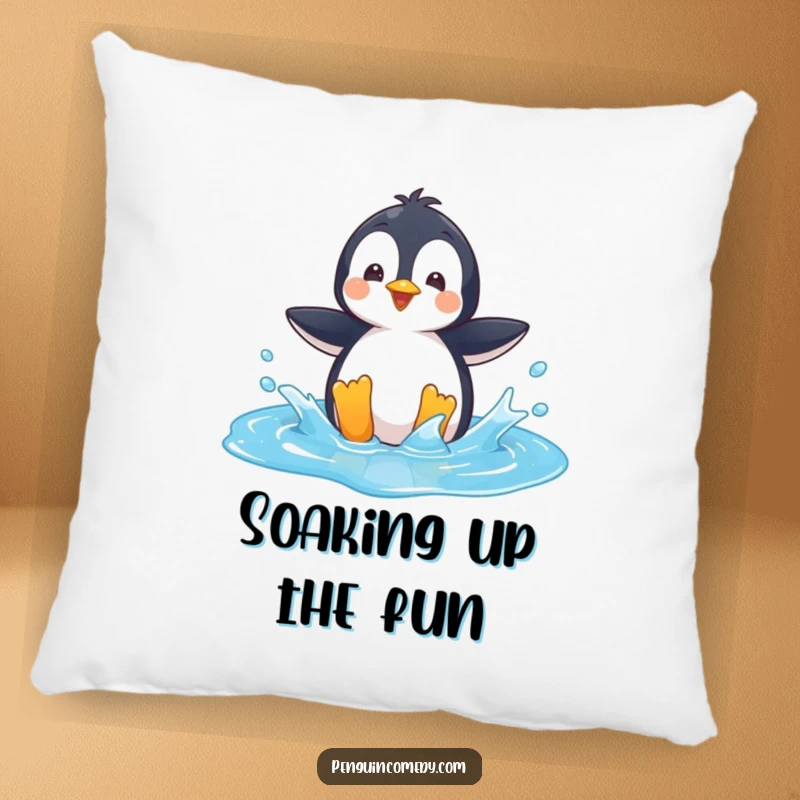 Funny Pillow: A playful penguin character splashing in a bright blue puddle, bringing comfort and fun.
