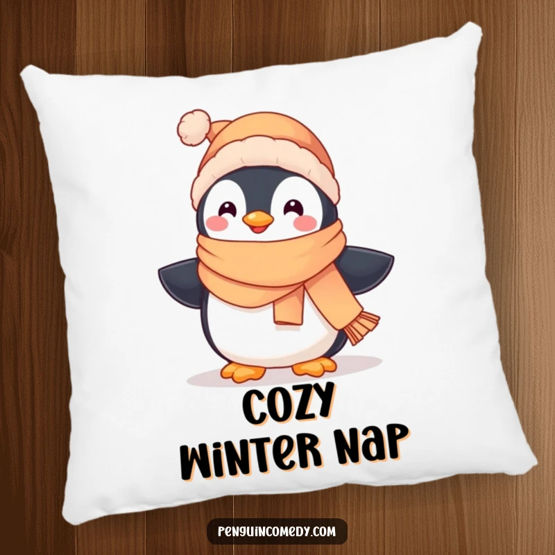 Funny soft decorative pillow featuring a cute penguin in winter attire, waddling happily, perfect for adding charm.