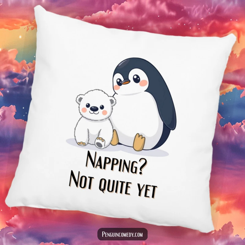 Funny penguin pillow featuring a wide-eyed penguin watching a distant polar bear cub, offering soft comfort and hilarious apprehension.