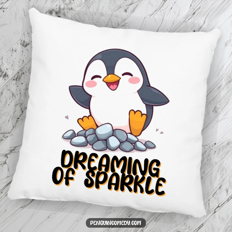 Funny Penguin Rocks Pillow: A silly penguin chases shiny rocks, offering plush comfort and adorable pursuit.