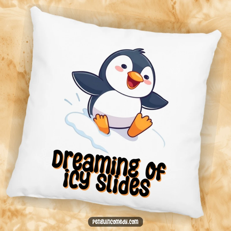 Funny Penguin Pillow featuring a gleeful penguin sliding headfirst down a snowy slope, offering comfort and a dose of winter fun.