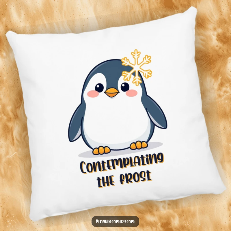 Funny pillow featuring a penguin with an expression of curiosity, gazing at a detailed snowflake.