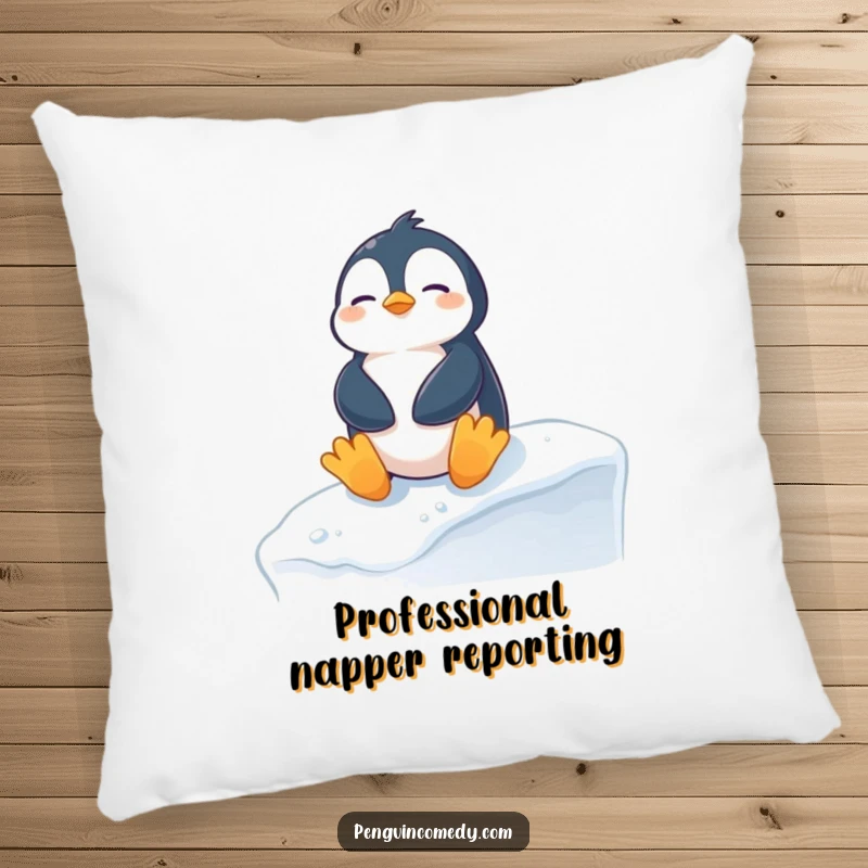 Funny penguin pillow depicting a content penguin sunbathing on a snowy ledge, providing soft comfort and hilarious wintery cheer.