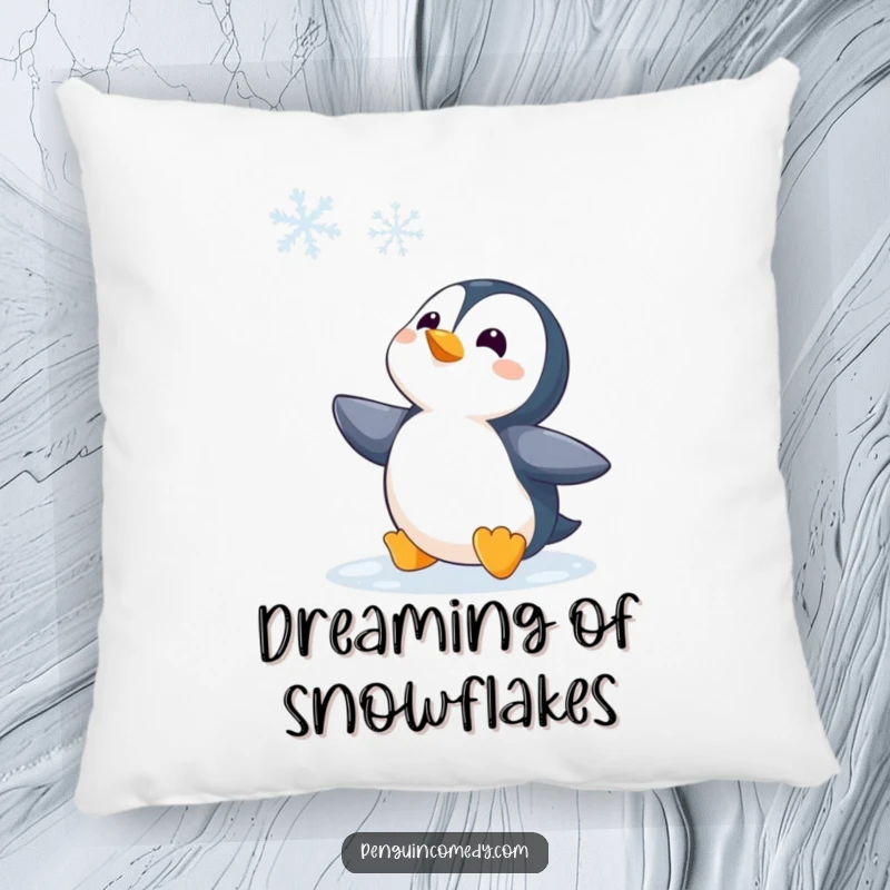 Funny Penguin Watching Snowflake Pillow, a soft cushion depicting a penguin observing a snowflake, perfect for funny, cozy winter decor.