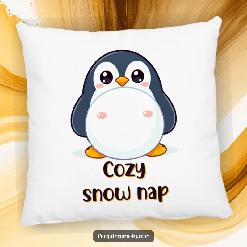 Funny pillow showcasing a shy penguin peeking from behind a snowball, soft, cute, and humorous.