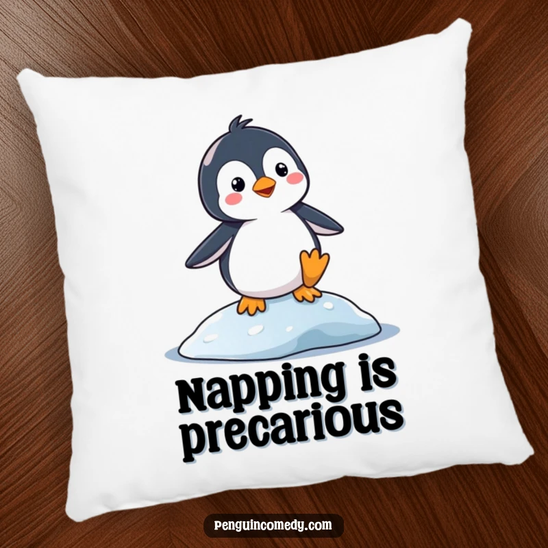 Funny Pillow: A silly penguin balancing precariously on a slippery surface. Soft and humorous decor for a playful atmosphere.